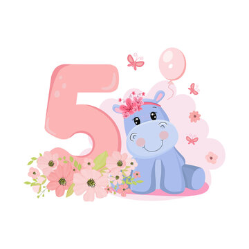 Cute baby girl hippo. Birthday invitation. Five years, 5 months. Happy birthday.