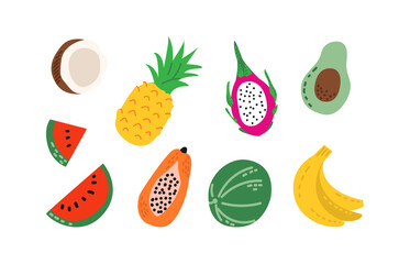 Set of cute tropical fruits. Summer exotic pineapple, watermelon, banana, coconut, dragon fruit, papaya, avocado. Vector colorful illustration