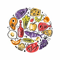 Round vector illustration with a food collection.