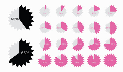 Set of trendy circle star shape infographic pie chart diagrams design elements with percentages.