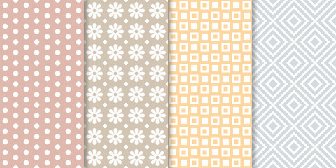 Set of minimal geometric texture seamless patterns. Repeating simple geometrical shapes backgrounds.