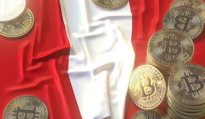 Flag of Peru and bitcoin coins or tokens, cryptocurrency related 3D rendering