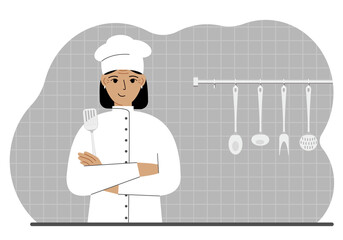 Happy cook woman holds a kitchen spatula in his hand. Vector