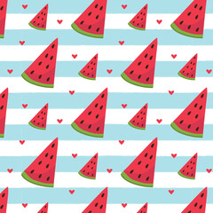 Watermelon seamless pattern. Vector illustration. Watermelon slices on blue and white stripes background