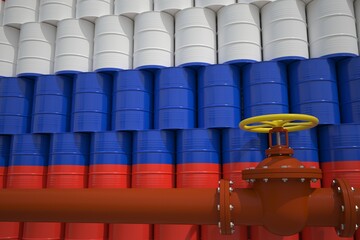 Barrels with painted flag of Russia and oil transportation pipe. 3d rendering