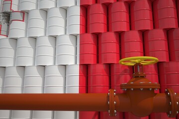 Barrels with painted flag of Malta and oil transportation pipe. 3d rendering
