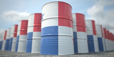 Flag of Panama on the barrels or steel drums. Chemical or oil industry related 3D rendering