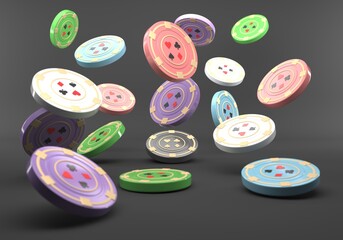 casino chips with different colors and falling on a black background