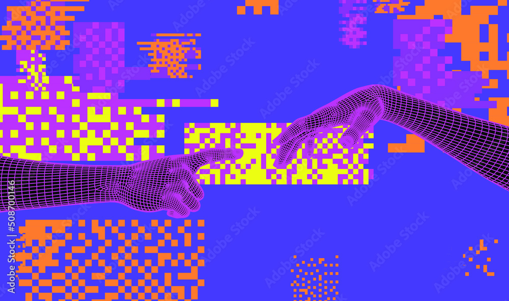 Leinwandbilder 3d low-poly models of hands about to touch each other, as in the 
