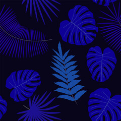 Fototapeta na wymiar Tropical background. Beautiful seamless paper art illustration with colorful tropical background palm leaves for fabric design. Leaves pattern. Natural seamless pattern.