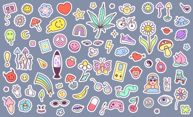 Stickers  for planner, hippies vibe style. Cute characters, psychedelic elements, youth style. Retro stickers for a diary in the style of the 90s. - obrazy, fototapety, plakaty