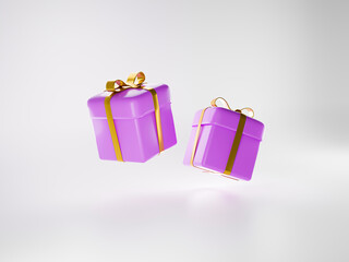 Gift boxes flying modern holiday surprise box. Gift boxes with golden ribbon and bow. Birthday celebration concept.