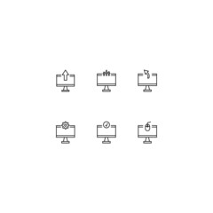 Line icon collection of vector signs and monochrome symbols drawn with black thin line. Suitable for shop, sites, apps. Arrows, gear, checkmark, mouse inside of computer