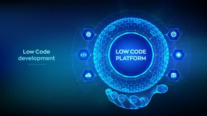 Low code platform. Low code development technology concept. LCDP easy coding. Hexagonal grid sphere in wireframe hand on blue background. Vector illustration.