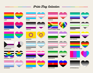 LGBTQ+ sexual identity pride flags collection. Flag of gay, transgender, bisexual, lesbian etc. Pride concept. Rainbow heart