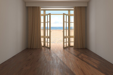 Fototapeta premium Unfurnished Hotel Room with Sea View near the Beach. Interior with Open Door Overlooking the Ocean, Beige Curtains, Yellow Sand and Clouds. Dark Parquet Floor and a Beige Stucco Walls. 3D rendering