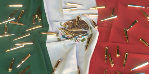 Scattered bullets on the flag of Mexico. Firearms regulation or army related conceptual 3D rendering
