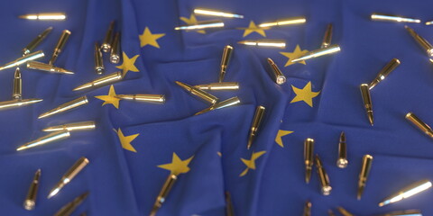 Flag of the EU and bullets. Weapons or ammo market and laws related conceptual 3D rendering - obrazy, fototapety, plakaty