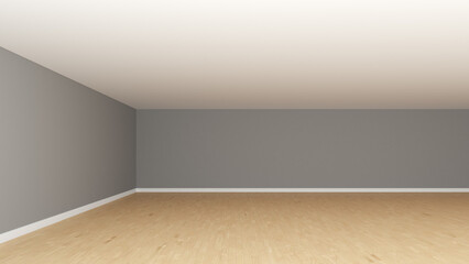 Interior Concept with a Light Grey Walls, White Ceiling, Wooden Parquet Floor and a White Plinth. Unfurnished Empty Corner of the Room, Frontal View. 3d illustration, 8K Ultra HD, 7680x4320, 300 dpi