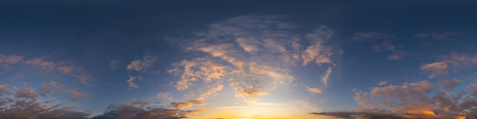 Dark blue sunset sky panorama with pink Cumulus clouds. Seamless hdr 360 pano in spherical...