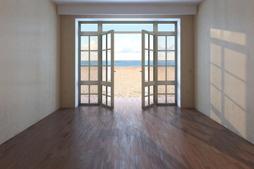 Obraz premium Empty Hotel Room with Sea View near the Beach. Unfurnished Room with Open Doors Overlooking the Ocean, Yellow Sand and Clouds. Dark Parquet Floor and a Beige Stucco Walls. 3d rendering. 8K Ultra HD