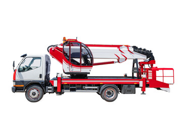 Isolated car with autotower with platform. Mobile machine for construction and emergency and maintenance works