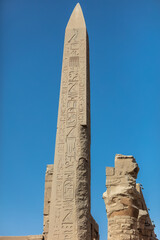 Different columns with hieroglyphs in Karnak temple. Karnak temple is the largest complex in...