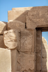 Different hieroglyphs on the walls and columns in the Karnak temple. Karnak temple is the largest complex in ancient Egypt. - 508705578