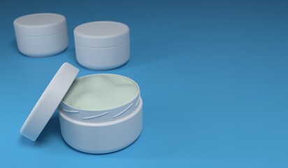 3d illustration, three facial creams, in plastic containers, cosmetic concept, blue background, copy space, 3d rendering