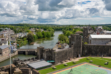 Naklejka premium view from the top of 80 foot high keep at the stunning Pembroke Castle, looking across Pembroke town
