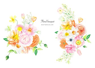 Watercolor set of floral arrangements of summer flowers ,perfect for greeting cards,wedding invitation.