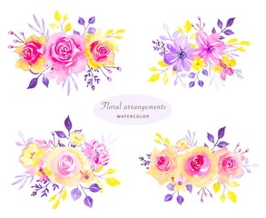 Floral arrangements of bright flowers and leaves. watercolor illustration