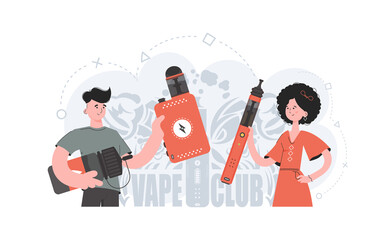 The girl and the guy are holding an electronic cigarette in their hands. Flat style. The concept of vapor and vape. Vector illustration.