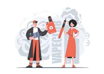 A woman and a man are holding an electronic cigarette in their hands. Trendy style with soft neutral colors. The concept of vapor and vape. Vector illustration.