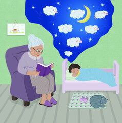 a cute old woman sits in an armchair and reads bedtime stories to her granddaughter. the girl counts the lambs and falls asleep. there is a picture on the wall. the cat is sleeping on the mat. small s