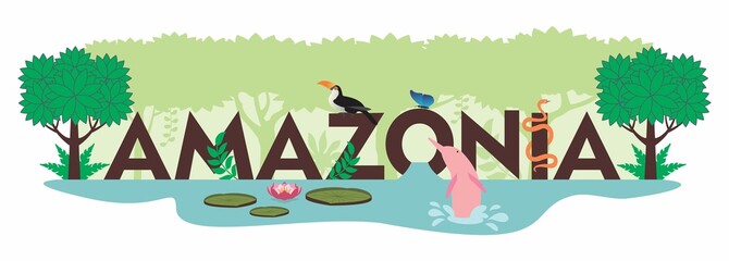 Letreiro com nome da floresta amazônica, escrito em português, representado com alguns de seus animais e plantas típicos da região.