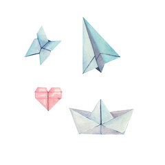 Watercolor origami illustration. Paper plane, paper bird, boat and heart. Lovely and romantic illustration. Paper origami illustration. Design for cards, logo, banners, decoration.