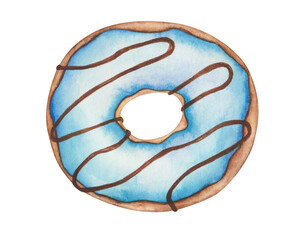 Watercolor illustration of hand painted brown donut with blue icing, chocolate. Sweet food pastry. Dessert doughnut for cafes, restaurants. Isolated clip art for packaging, print, menu, advertisement