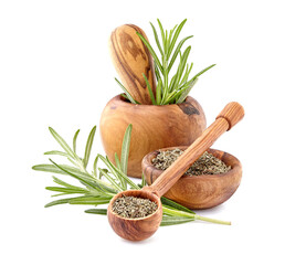 Rosemary fresh and dry isolated on white background. Spice closeup.