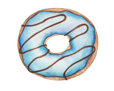 recommend clip art: Watercolor illustration of hand painted brown donut with blue icing, chocolate. Sweet food pastry. Dessert doughnut for cafes, restaurants. Isolated clip art for packaging, print, menu, advertisement