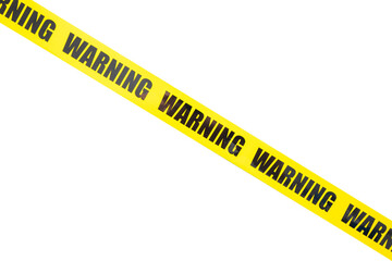 Yellow warning tape isolated and cutout on white background. Risk and accident concept - obrazy, fototapety, plakaty