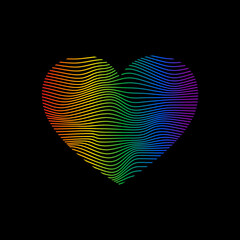 Dynamic line wave LGBTQ+ sexual identity pride concept. Rainbow colors in heart shape on black background