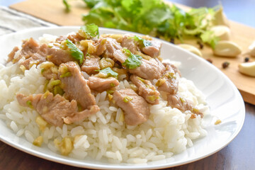 Stir fried pork with garlic topped on rice. Asian food style.
