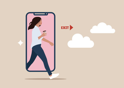 Young Female Stepping Out Of The Mobile Phone Screen. Modern Lifestyle. Digital Detox. Millennial User. Flat Vector Illustration.