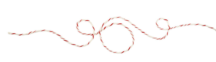 Curled white and red Christmas wrapping rope in a line arrangement isolated on white
