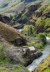 A vintage, historic Hydro Electric Power House in White River Falls state park in Tygh Valley Oregon