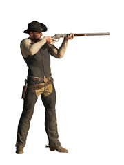 A gunslinger from the historical American Wild West, dressed in black, with a cowboy hat on his head and a six shooter at his hip takes aim with his rifle. Isolated with no background. 3D Rendering