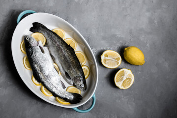 Raw trout in a blue baking dish, on a gray table surrounded by lemons. Wild Fish, preparation for cooking. The concept of healthy eating. Mediterranean recipe. Place for text