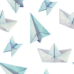 Watercolor origami pattern. Watercolor seamless pattern with origami paper plane , paper boat, butterfly. Paper planes. Design for bedding, home decor, fabric, textile, wrapping , packing, background.