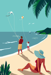 Obraz na płótnie Canvas Family Summer Time Beach Vacation. Father, mother, son leisure relax on sandy shore retro style vector. Tropical sea resort background. Parents, child holiday fun recreation flat design illustration